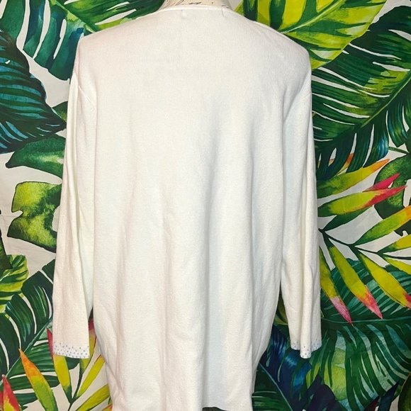 Vintage Victoria Jones 1X 90s White Winter Lightweight Beaded V Neck Sweater - Picture 7 of 9